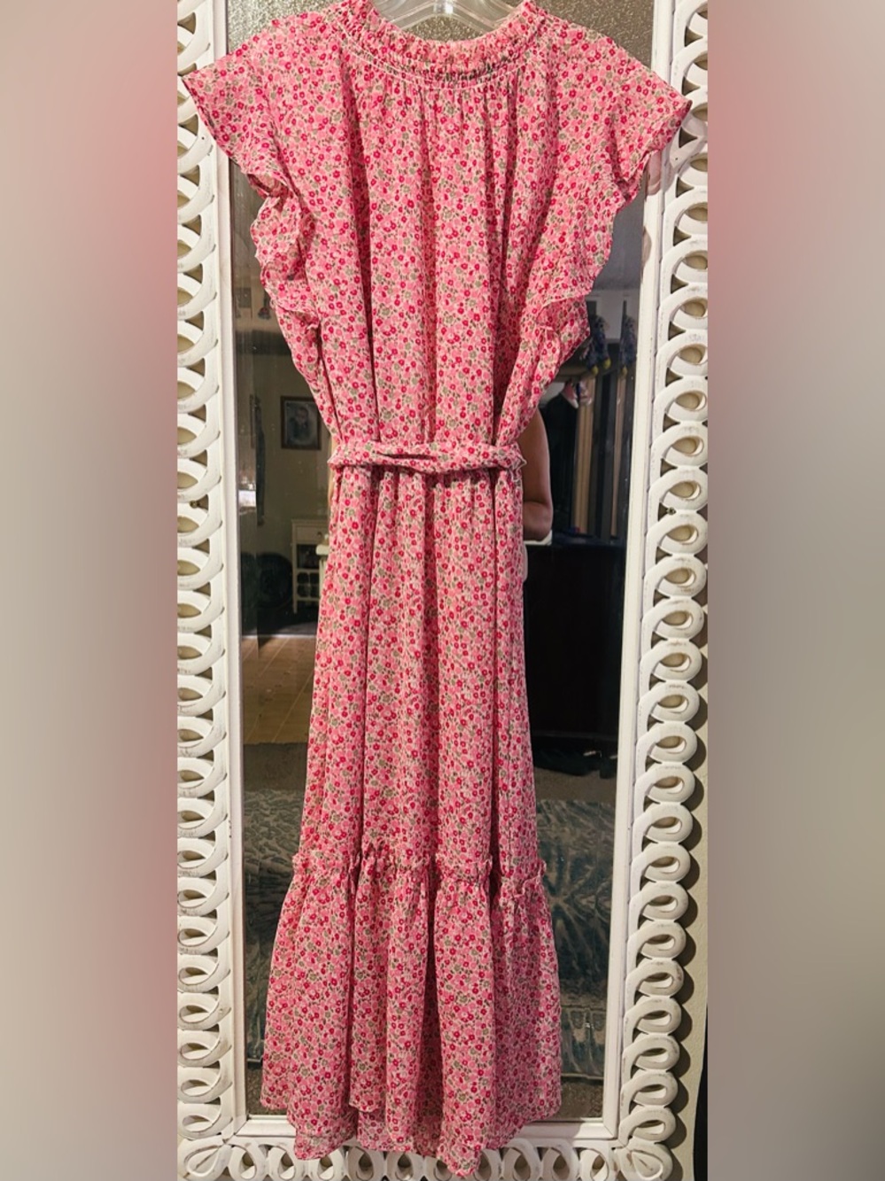 Ann Taylor Semi-Sheer Floral Flutter Cap Sleeved Midi Dress